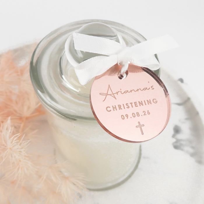 Christening Candle Favour Gift with Personalised Round Gold Engraved Gift Tag