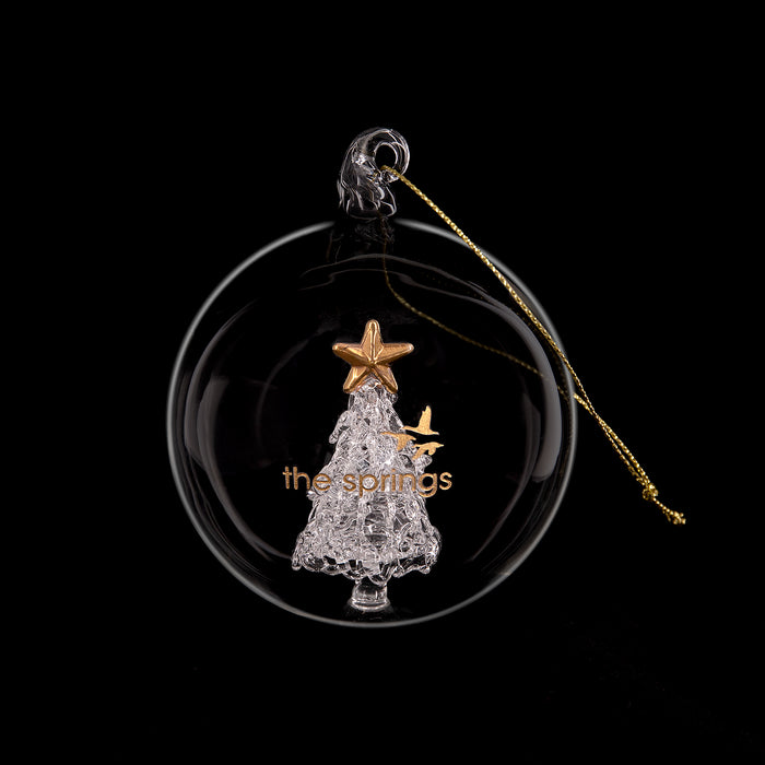 Glass bauble with gold loop and engraved logo – a festive keepsake for business clients.