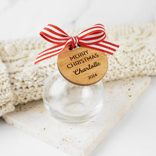 Glass Christmas Bauble 100ml with Personalised Wooden Gift Tag