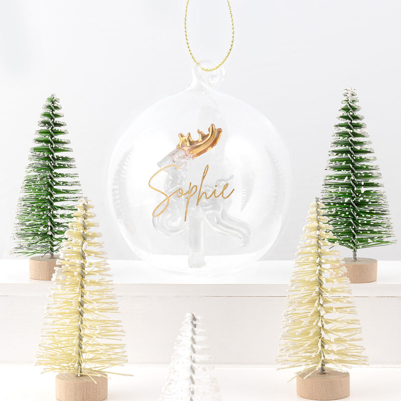 Personalised glass Christmas bauble with reindeer and gold antlers