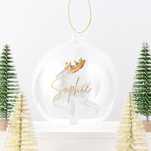 Reindeer Christmas bauble personalised with engraved name