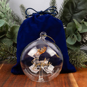 Personalised reindeer bauble in royal blue velvet bag and kraft gift box