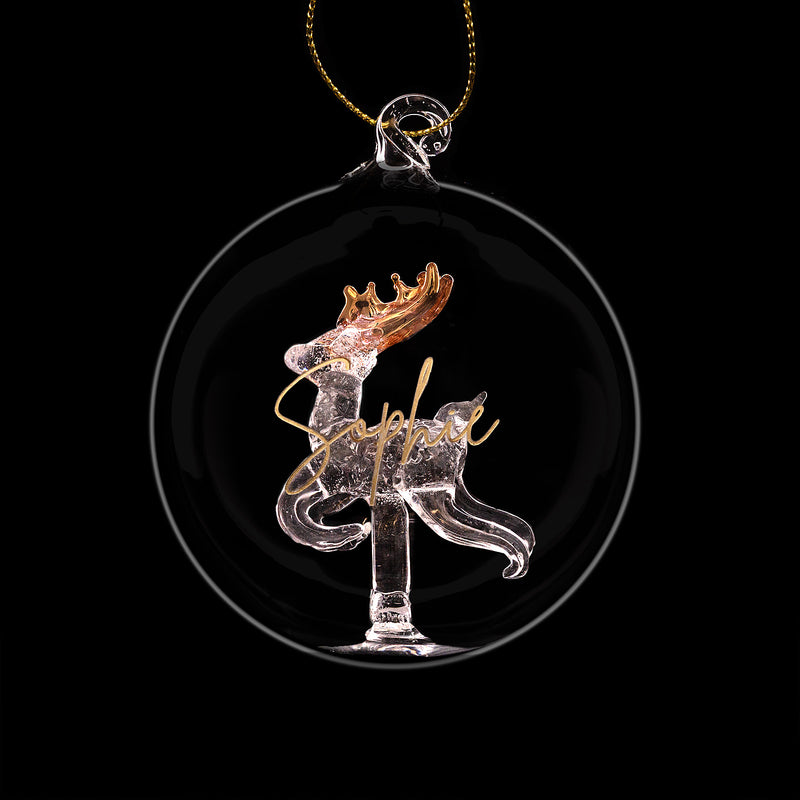 Clear glass reindeer bauble with gold antlers and hanging loop