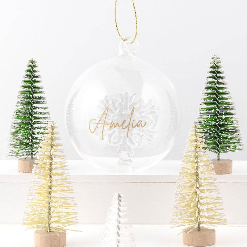 Personalised glass snowflake Christmas bauble with engraved name