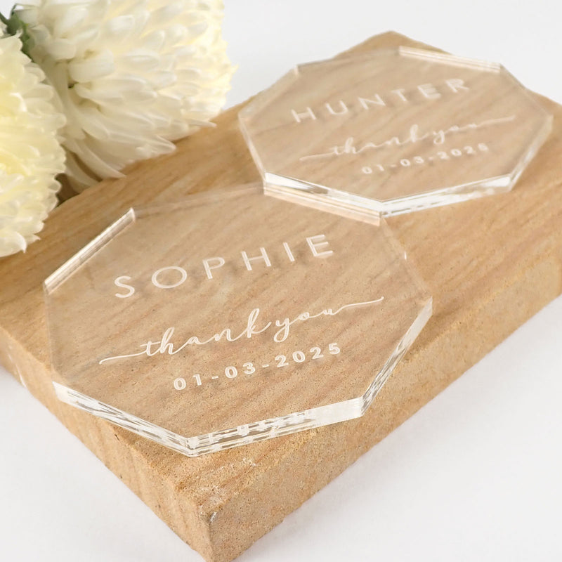 Personalised Engraved Clear Acrylic Octagon Name Wedding Reception Place Cards Coasters Favours