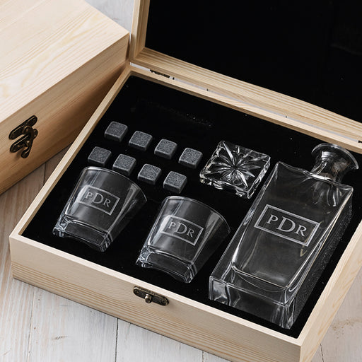 Premium Corporate Client Gift: Decanter, Scotch Glasses, and Whiskey Stones in Wooden Box