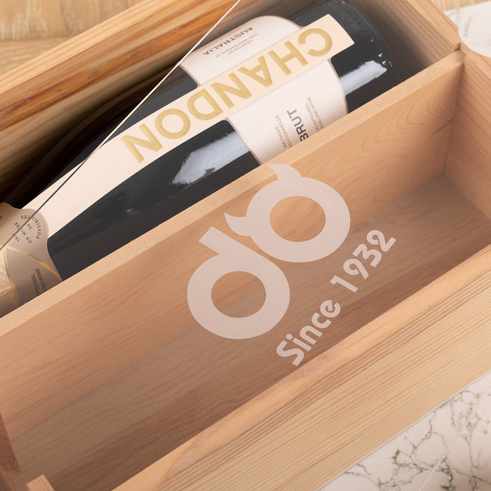Personalised corporate wine box with company logo laser engraved on the lid.