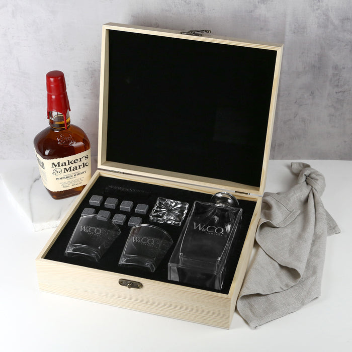 Custom Engraved Name Corporate Logo Wooden Box With Whiskey Decanter, Scotch Glasses and Bourbon Stones