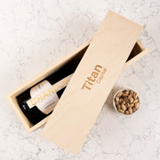 Engraved wooden wine box with company logo and personalised message