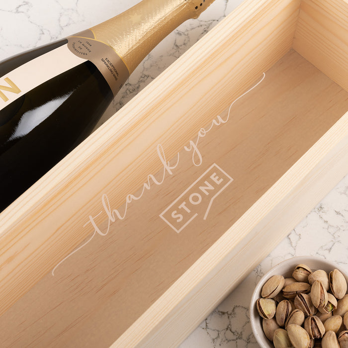 Personalised wooden gift box with optional red, white, or champagne bottle inside.