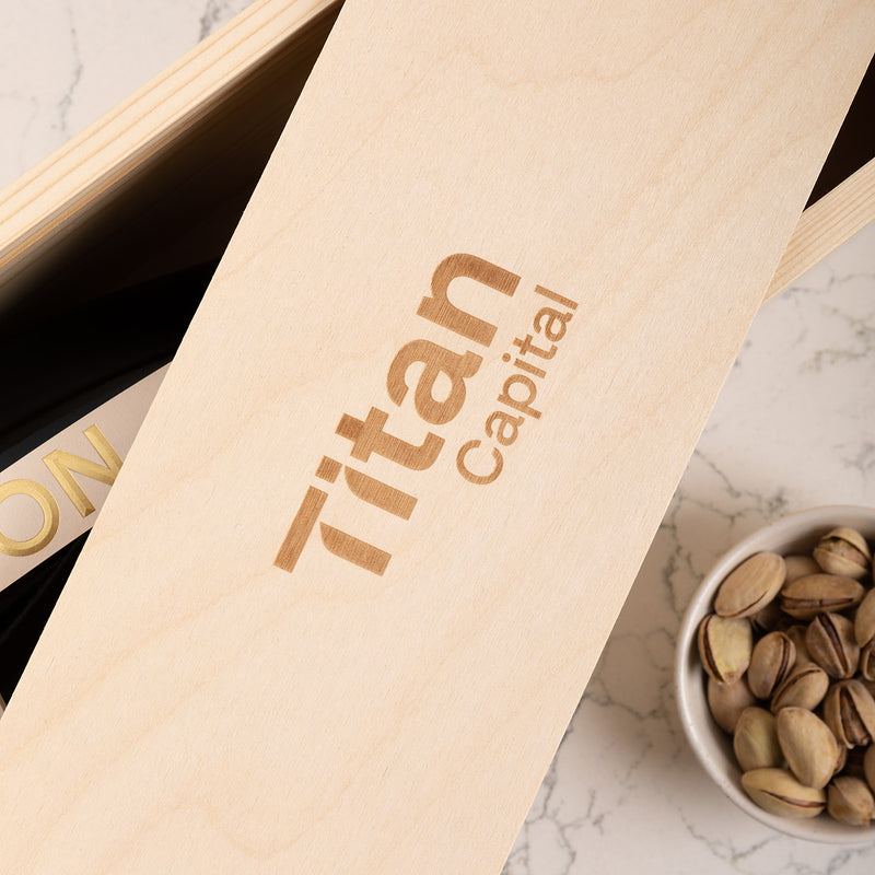 Corporate gift wooden wine box with champagne bottle and custom branding