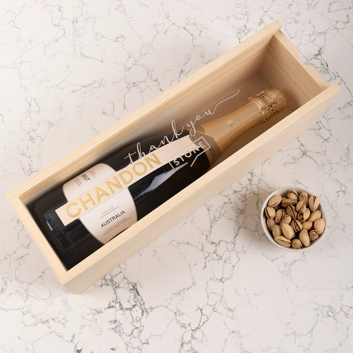 Engraved pine wine box featuring company logo, ideal for client thank you gifts.