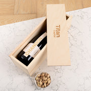 Laser engraved wine box presented as a branded client appreciation gift