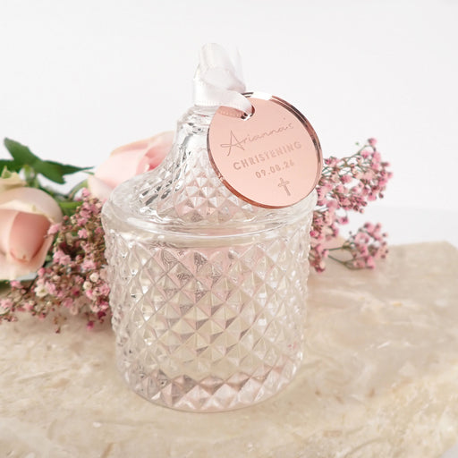 Christening Crystal Glass Favour Jar with Engraved Gift Tag