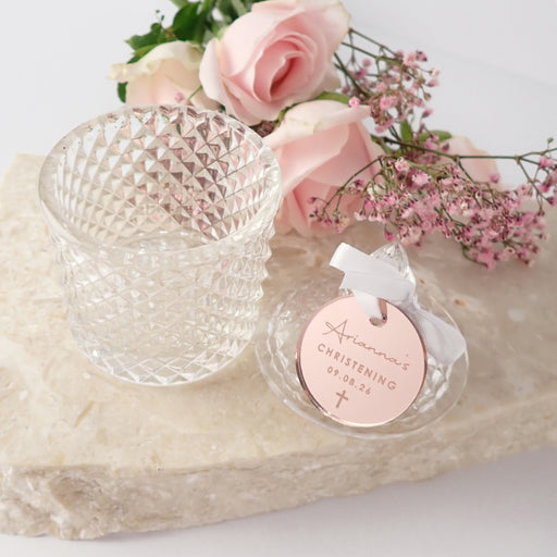 Personalised Engraved Christening Crystal Jar with Round Rose Gold Gift Tag