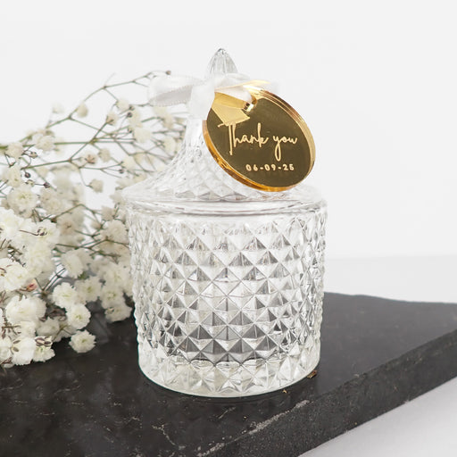 Wedding Crystal Glass Favour Jar with Engraved Gift Tag
