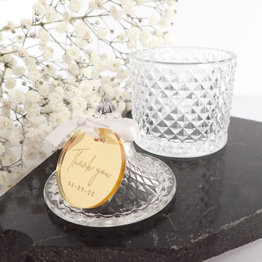 Personalised Engraved Wedding Guest Names Mirror Gold Round Gift Tag With Crystal Jar