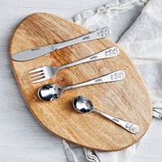 Personalised silver bear cutlery set for children with engraved name on each utensil.