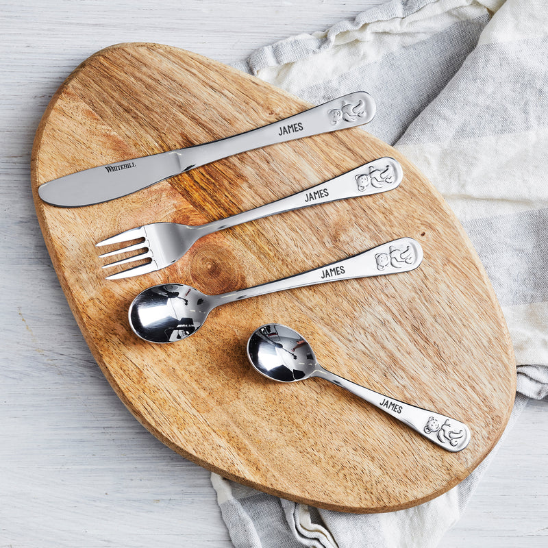 Personalised silver bear cutlery set for children with engraved name on each utensil.