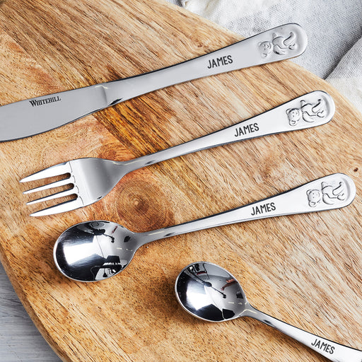 4-piece stainless steel kids' cutlery set with embossed teddy bear design – ideal Christmas gift