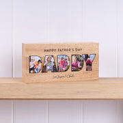 Freestanding personalised wooden photo block for Dad with five printed photos, perfect for his desk or bedside table.