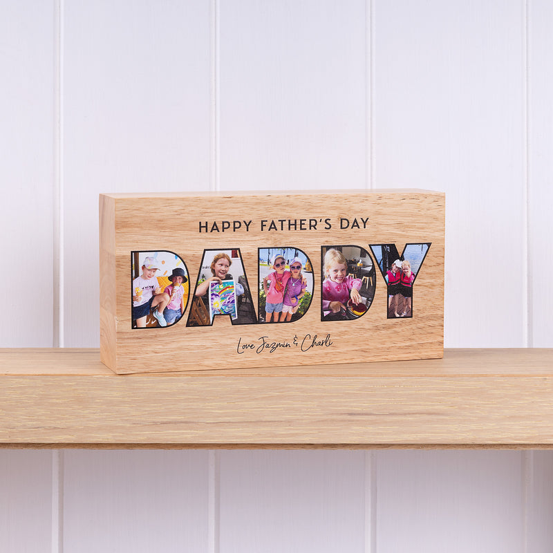Freestanding personalised wooden photo block for Dad with five printed photos, perfect for his desk or bedside table.