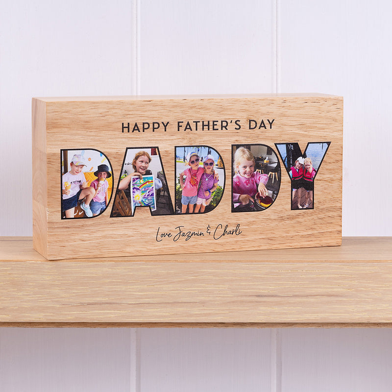 Freestanding personalised wooden photo block for Dad with five printed photos, perfect for his desk or bedside table.