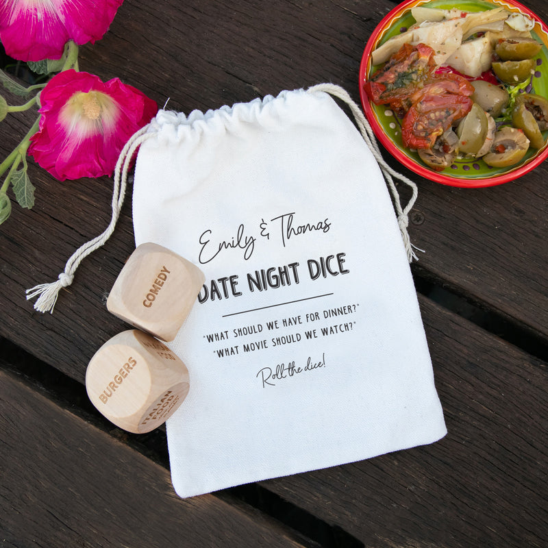 Engraved wooden date night dice game with personalised bag – fun food and movie decision maker for couples
