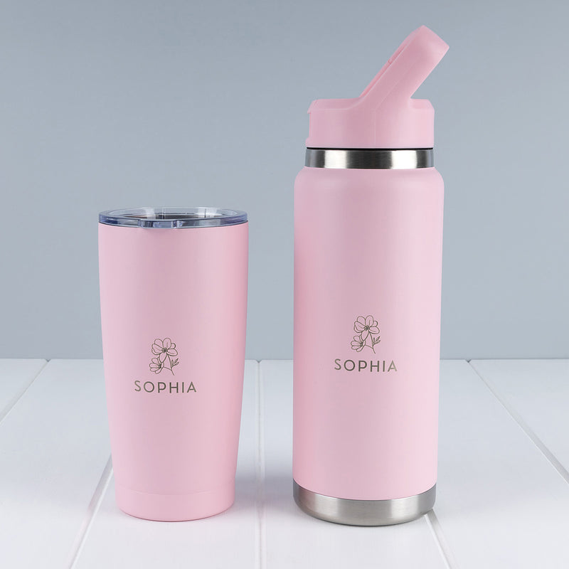 Pink personalised drinkware bundle with engraved 780ml water bottle and matching 590ml insulated tumbler.