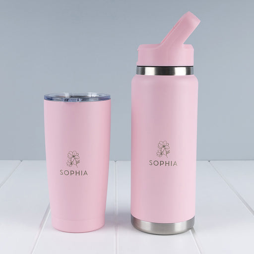 Pink personalised drinkware bundle with engraved 780ml water bottle and matching 590ml insulated tumbler.