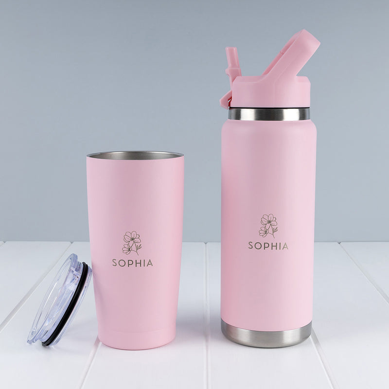 Custom engraved pink water bottle and tumbler gift set, perfect for Mother's Day, birthdays and Christmas.