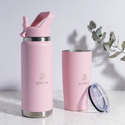 Matching pink personalised water bottle and insulated tumbler set with custom laser engraving for everyday use.