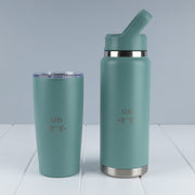 Sage personalised drinkware bundle with engraved 780ml water bottle and matching 590ml insulated tumbler.