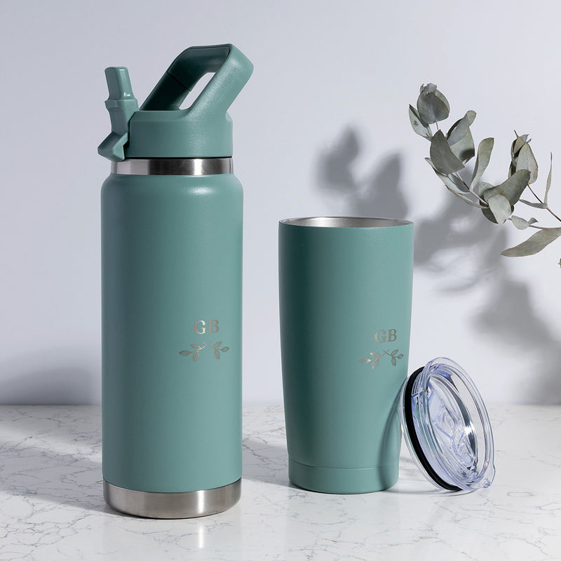 Matching sage insulated water bottle and tumbler set with personalised laser engraving for work, the gym or travel.