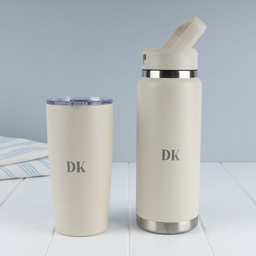 Stone personalised drinkware bundle with engraved 780ml water bottle and matching 590ml insulated tumbler.