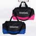 Pink and blue personalised kids’ duffle bags side by side
