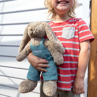 Mr Honey Bunny personalised plush toy 40cm with removable blue overalls and embroidered name detail