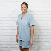 Customised Embroidered White Initials Dust Blue PJ Set
