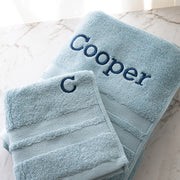 Custom light blue cotton bath and hand towel set, soft and absorbent with name and initial embroidery