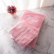 Personalised pink towel set with name and initial embroidery, made from soft 100% cotton, perfect for babies, birthdays or special occasions