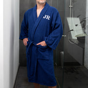 Personalised men’s cotton bathrobe in white or navy with embroidered initials, perfect gift for Father’s Day or birthday