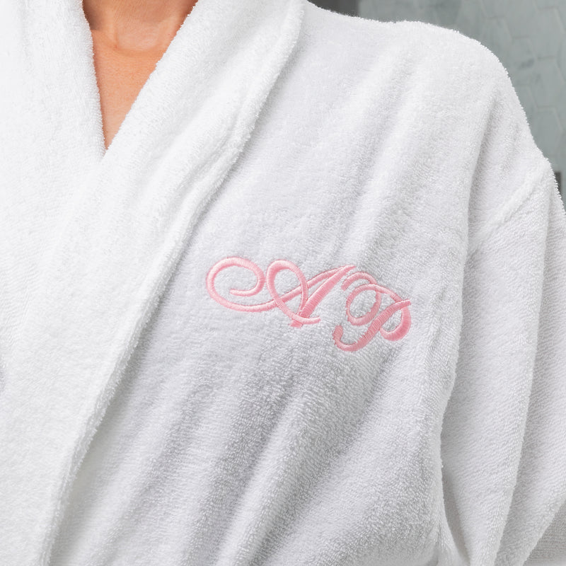 Soft 350gsm cotton bathrobe in white or navy with tie waist and two pockets, perfect for gifting