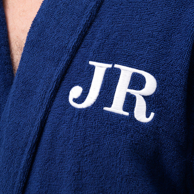 Custom embroidered cotton terry towelling robe for him, available in four sizes with thread and font options