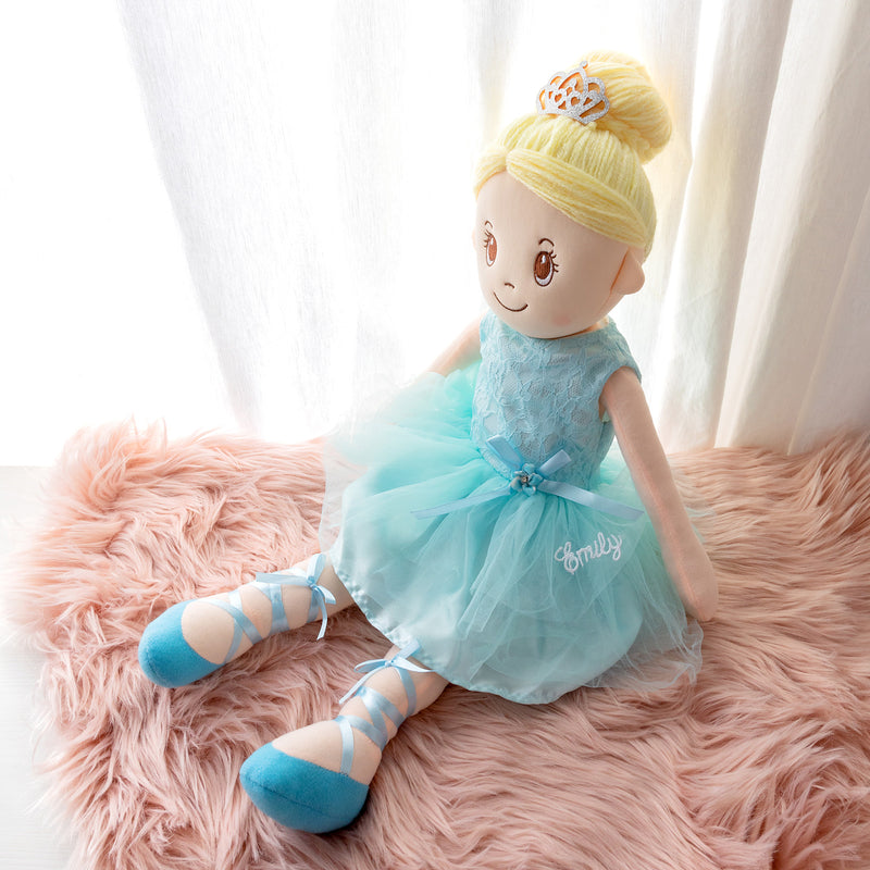 Personalised ballerina doll in blue with blonde hair, embroidered name on tulle skirt, perfect gift for birthdays or special occasions