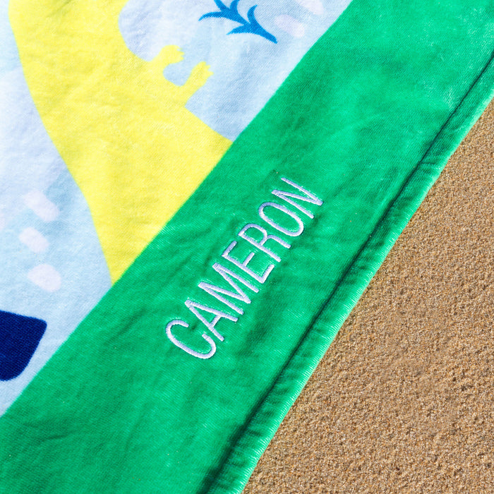 Customised Boy Name Green Blue Dinosaur Beach Towel