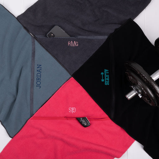 Microfibre gym towel with zip pocket and custom initials in four colour options