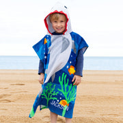 Personalised kids’ hooded shark beach towel with embroidered name