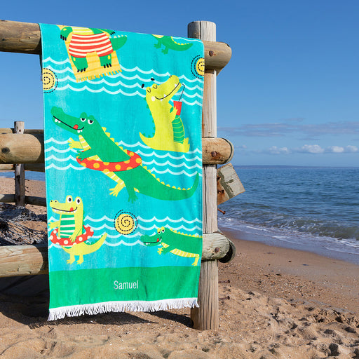 Customised Embroidered Boys Name Green Blue and Yellow Beach Towel