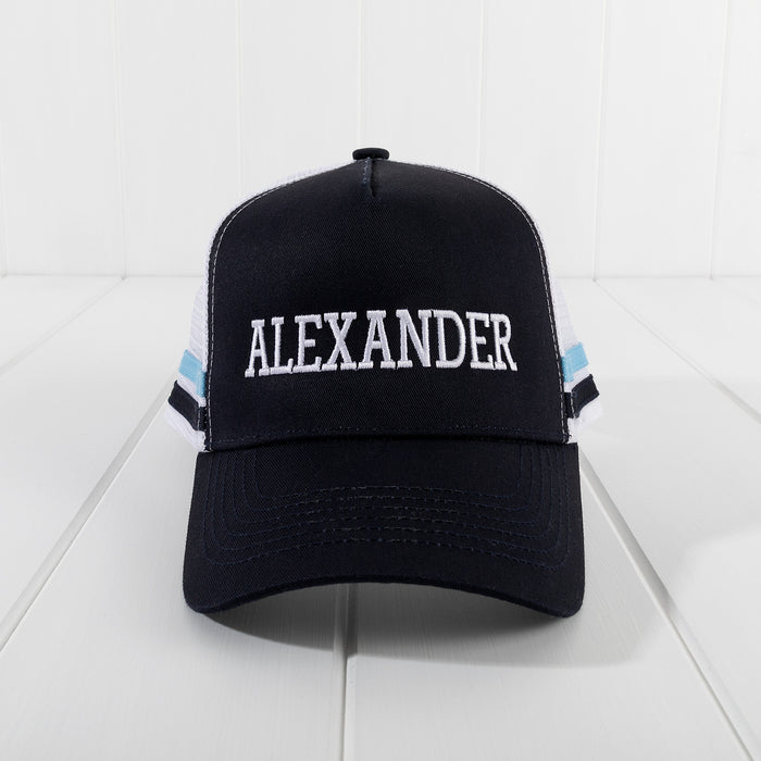 Custom Artwork Embroidered Boy's Name Blue and Navy Trucker Hat