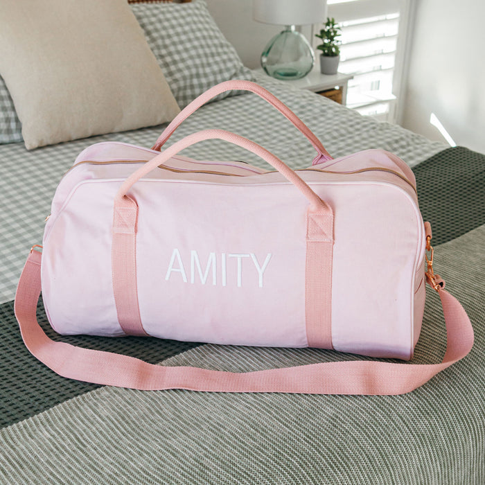 Customised Embroidered Initials Monogrammed Blush Pink Canvas Duffle Bag